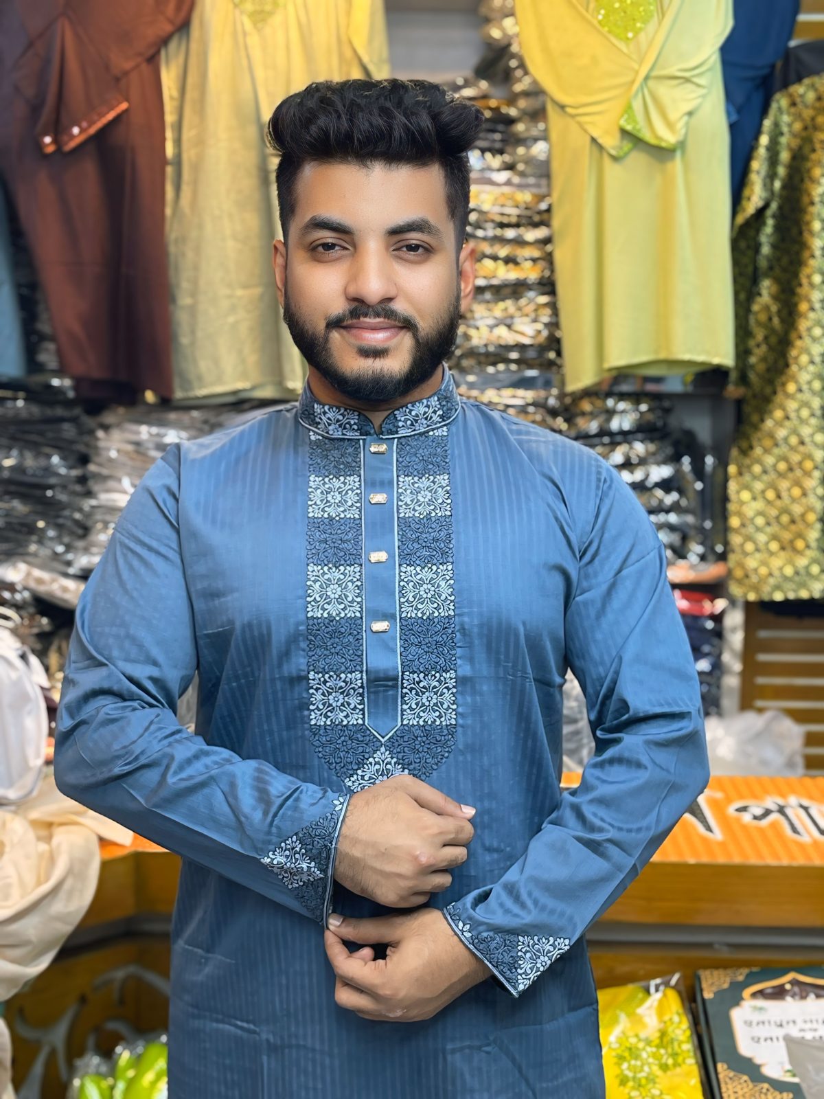 ( Code: 101 )- ডাবল এম্ব্রয়ডারি/সিকোয়েন্স কটন পাঞ্জাবি - Image 1