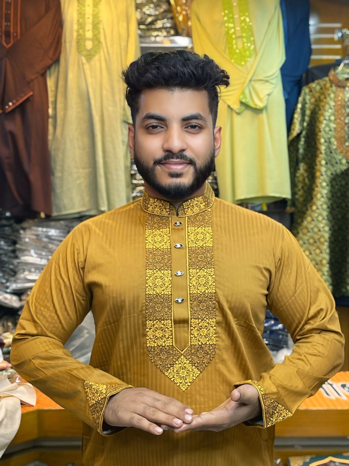 ( Code: 104 )- ডাবল এম্ব্রয়ডারি/সিকোয়েন্স কটন পাঞ্জাবি - Image 1