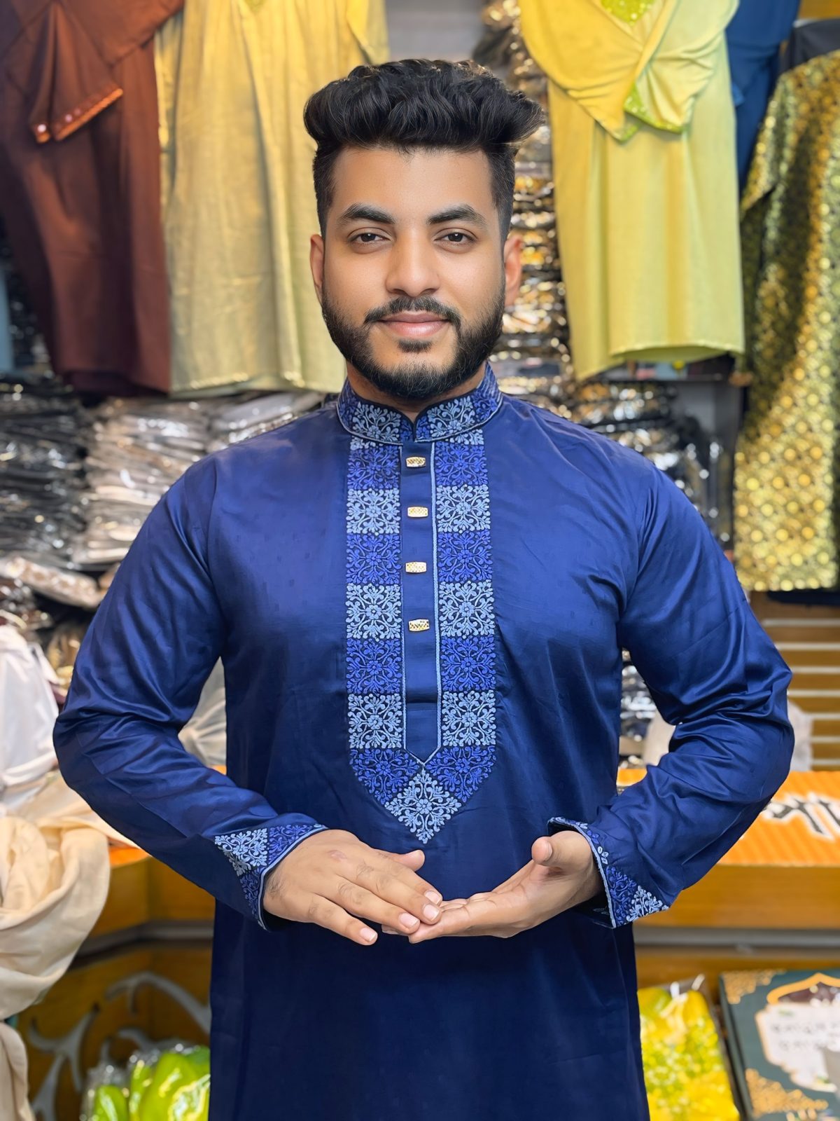 ( Code: 105 )- ডাবল এম্ব্রয়ডারি/সিকোয়েন্স কটন পাঞ্জাবি - Image 1