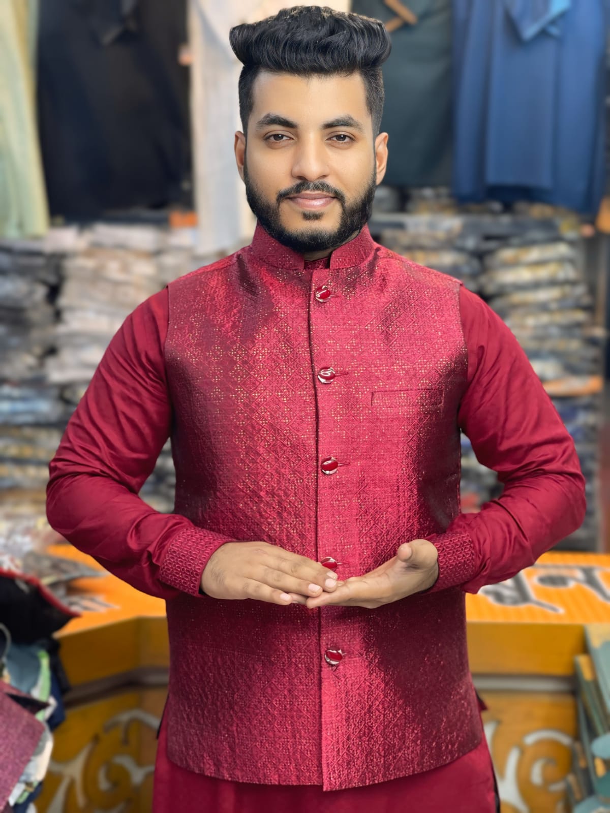 Code-2 ( Code:2 )-সিকোয়েন্স পাঞ্জাবি ও জরি এমব্রয়ডারি কোটি কম্বো সেট - Image 1