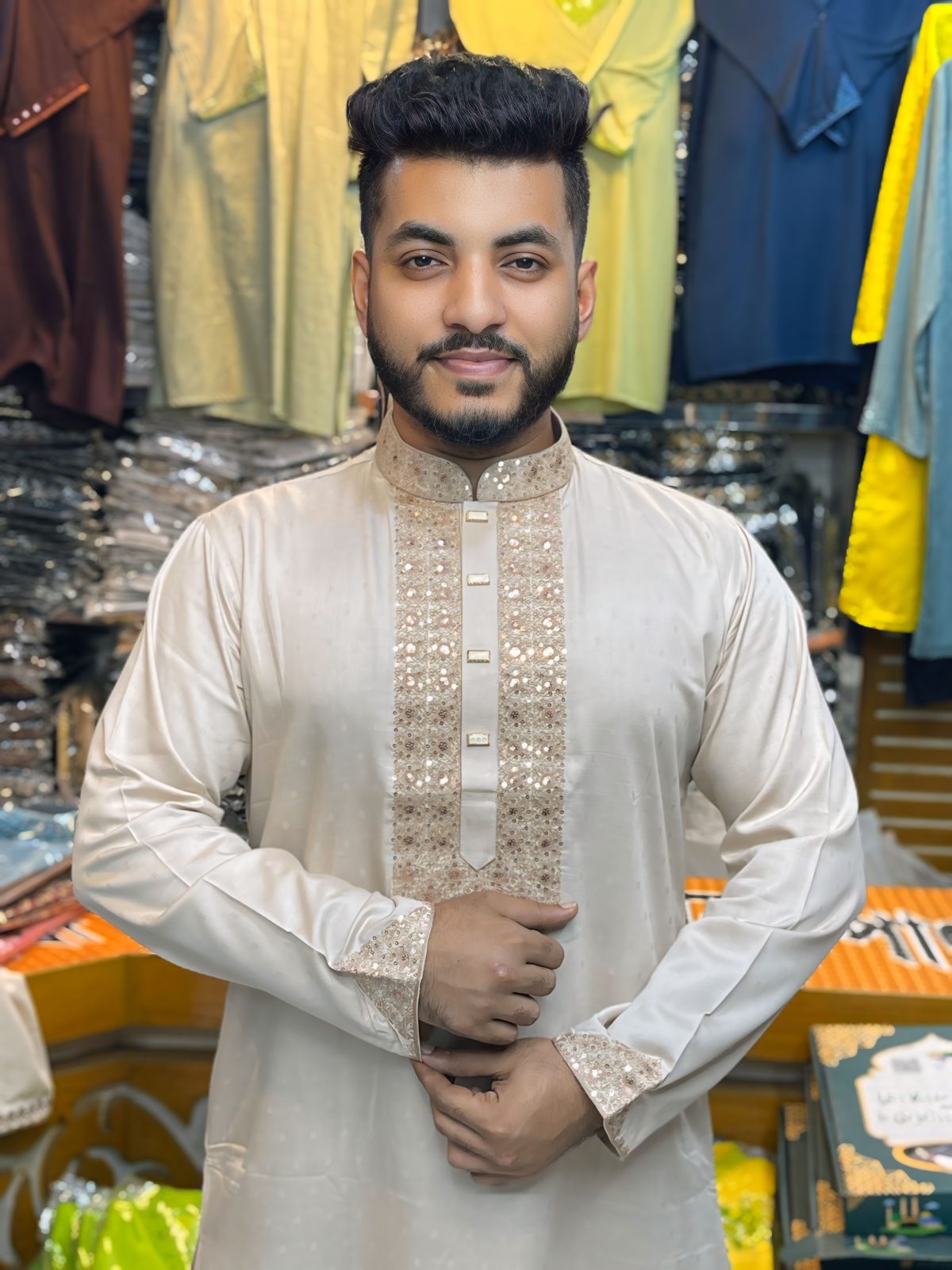 Code-205 ( Code: 205 )- ডাবল এম্ব্রয়ডারি/সিকোয়েন্স কটন পাঞ্জাবি - Image 1