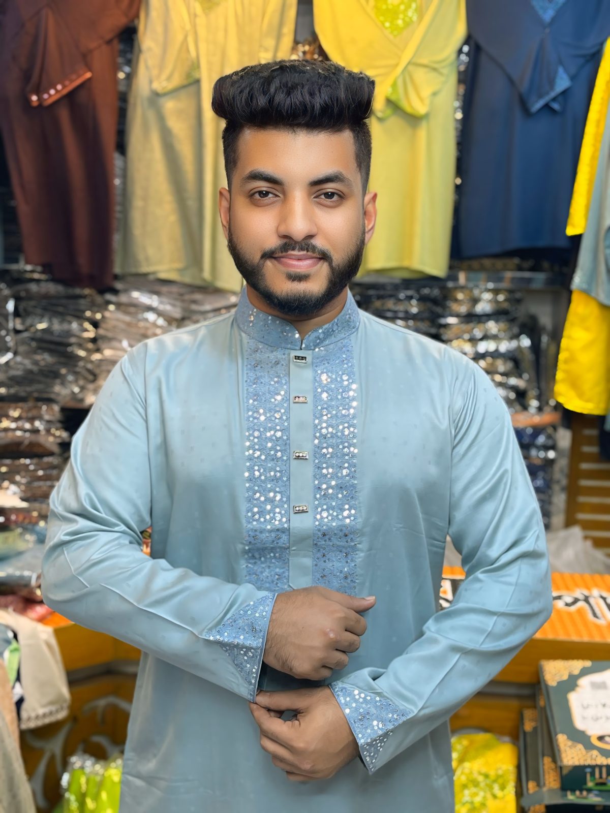 ( Code: 208 )- ডাবল এম্ব্রয়ডারি/সিকোয়েন্স কটন পাঞ্জাবি - Image 1