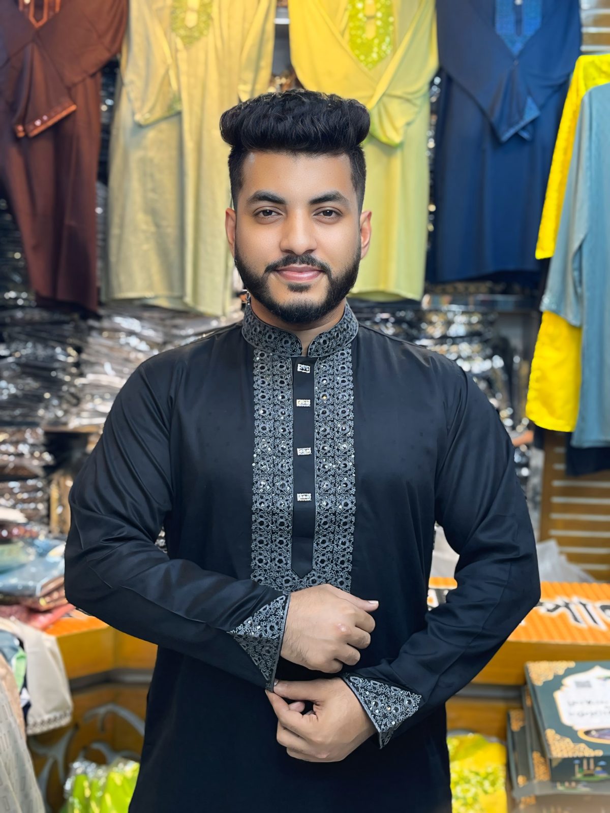 ( Code: 210 )- ডাবল এম্ব্রয়ডারি/সিকোয়েন্স কটন পাঞ্জাবি - Image 1