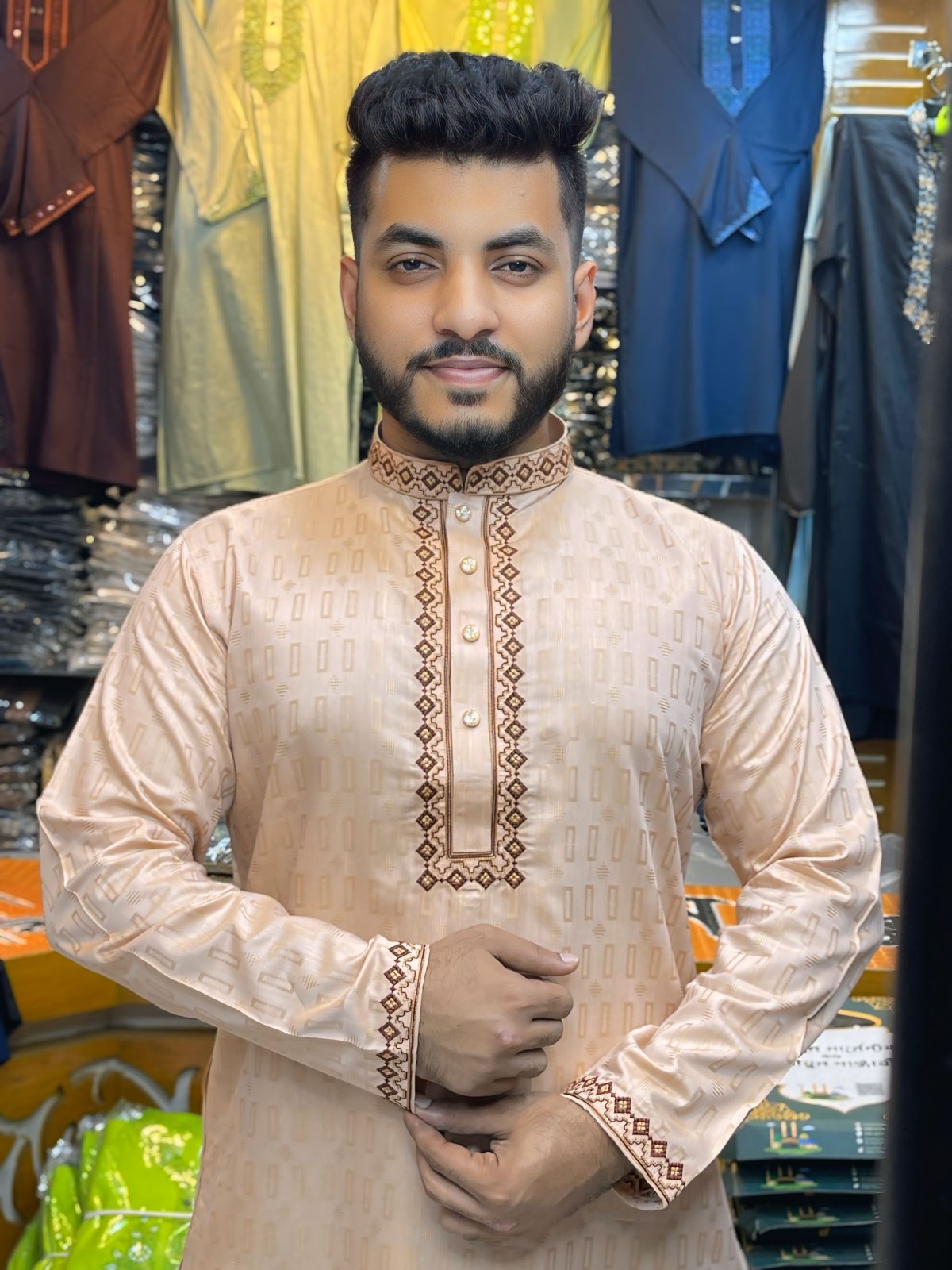 ( Code: 4 )- (১০০% কটন প্রিমিয়াম পাঞ্জাবি - জলছাপ টেক্সচার) - Image 1