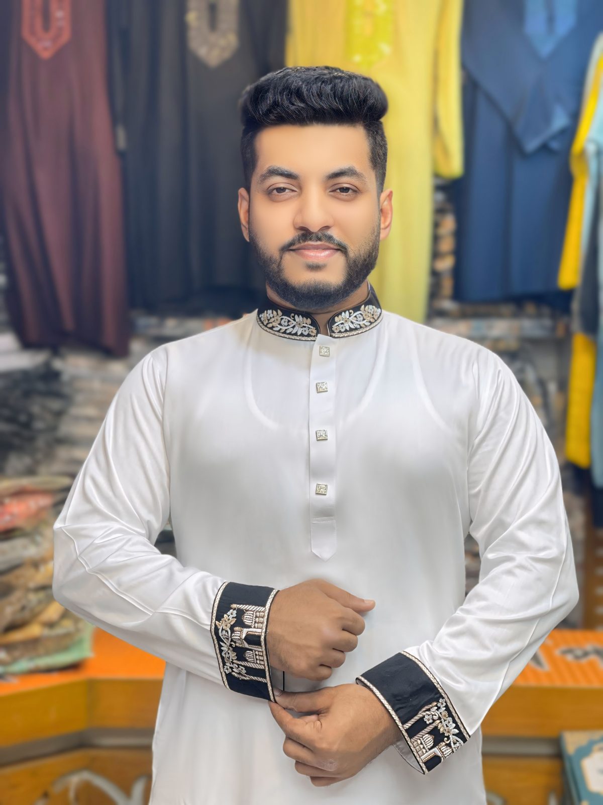 প্রিমিয়াম প্লেইন শাটন কাতান এমব্রয়ডারি পাঞ্জাবি - প্লাটিনাম এডিশন [ Code: PE-1 ] - Image 1