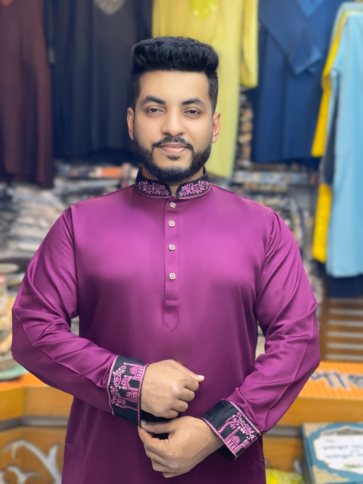 প্রিমিয়াম প্লেইন শাটন কাতান এমব্রয়ডারি পাঞ্জাবি - প্লাটিনাম এডিশন [ Code: PE-2 ] - Image 1