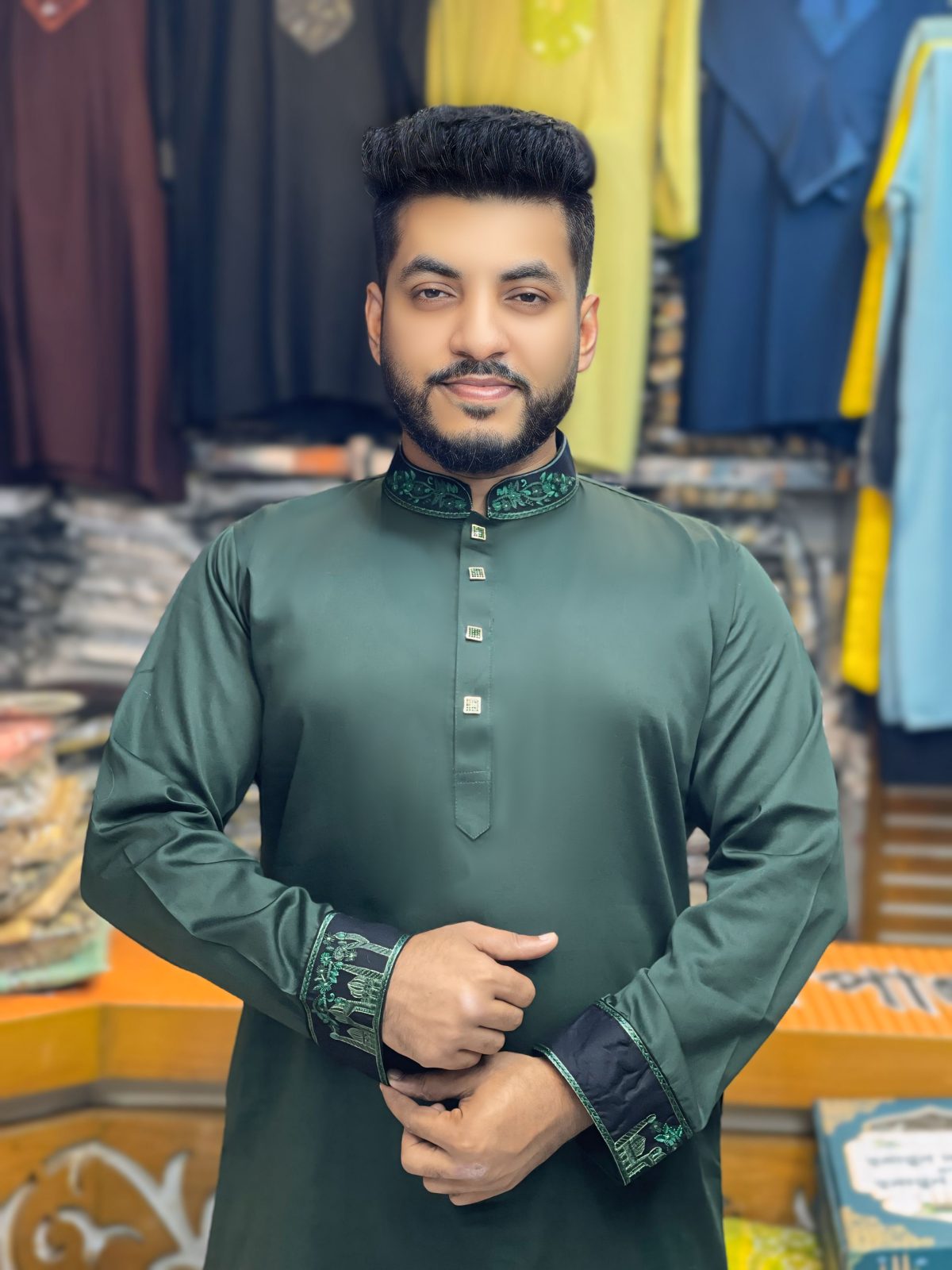 প্রিমিয়াম প্লেইন শাটন কাতান এমব্রয়ডারি পাঞ্জাবি - প্লাটিনাম এডিশন [ Code: PE-3 ] - Image 1