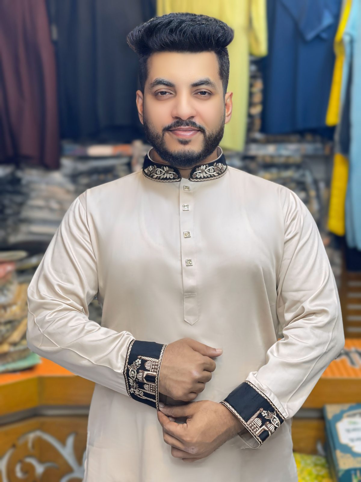 প্রিমিয়াম প্লেইন শাটন কাতান এমব্রয়ডারি পাঞ্জাবি - প্লাটিনাম এডিশন [ Code: PE-4 ] - Image 1