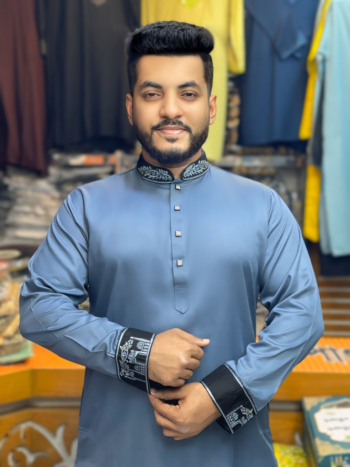 প্রিমিয়াম প্লেইন শাটন কাতান এমব্রয়ডারি পাঞ্জাবি - প্লাটিনাম এডিশন [ Code: PE-5 ] - Image 1