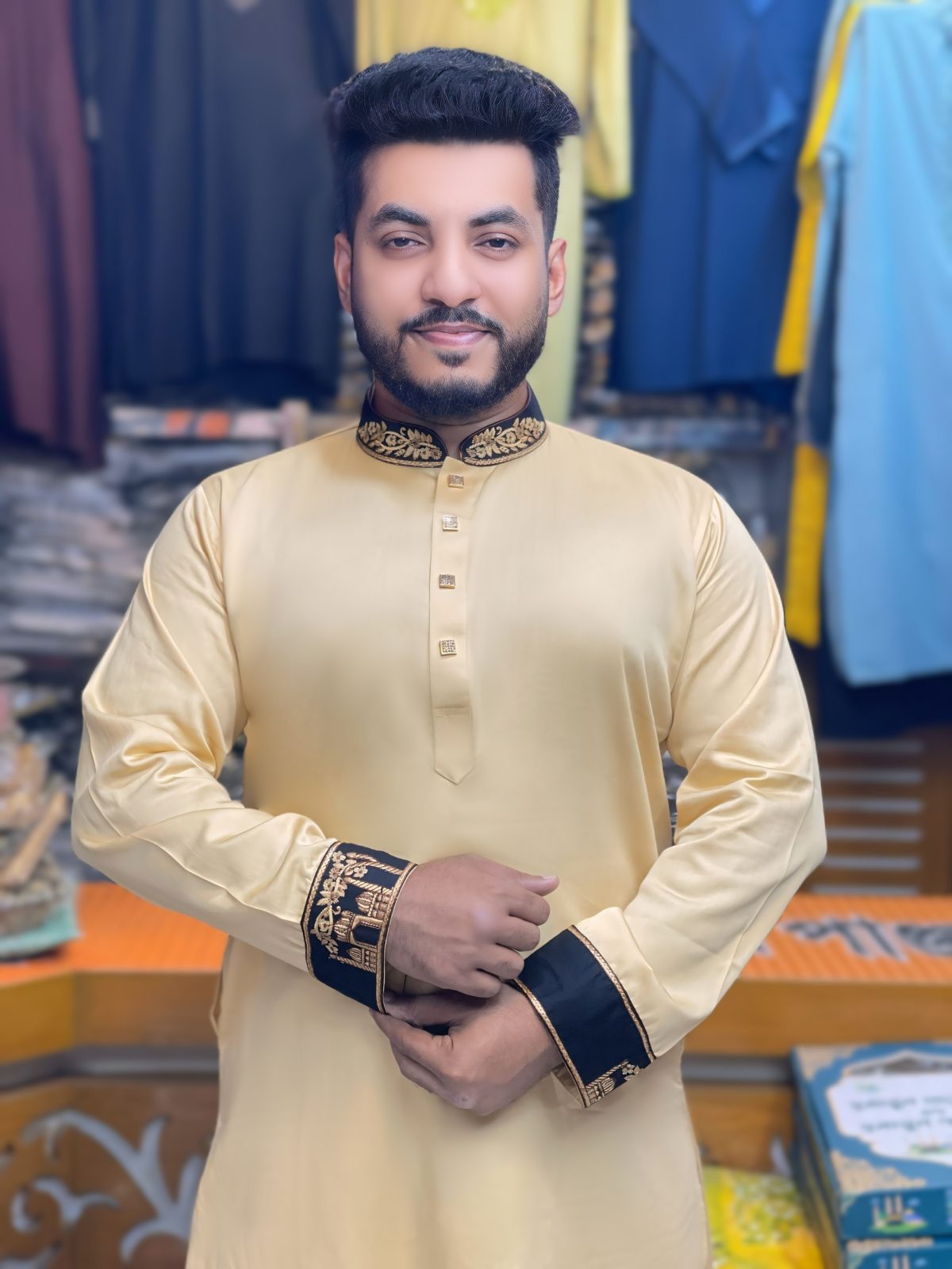 প্রিমিয়াম প্লেইন শাটন কাতান এমব্রয়ডারি পাঞ্জাবি - প্লাটিনাম এডিশন [ Code: PE-6 ] - Image 1