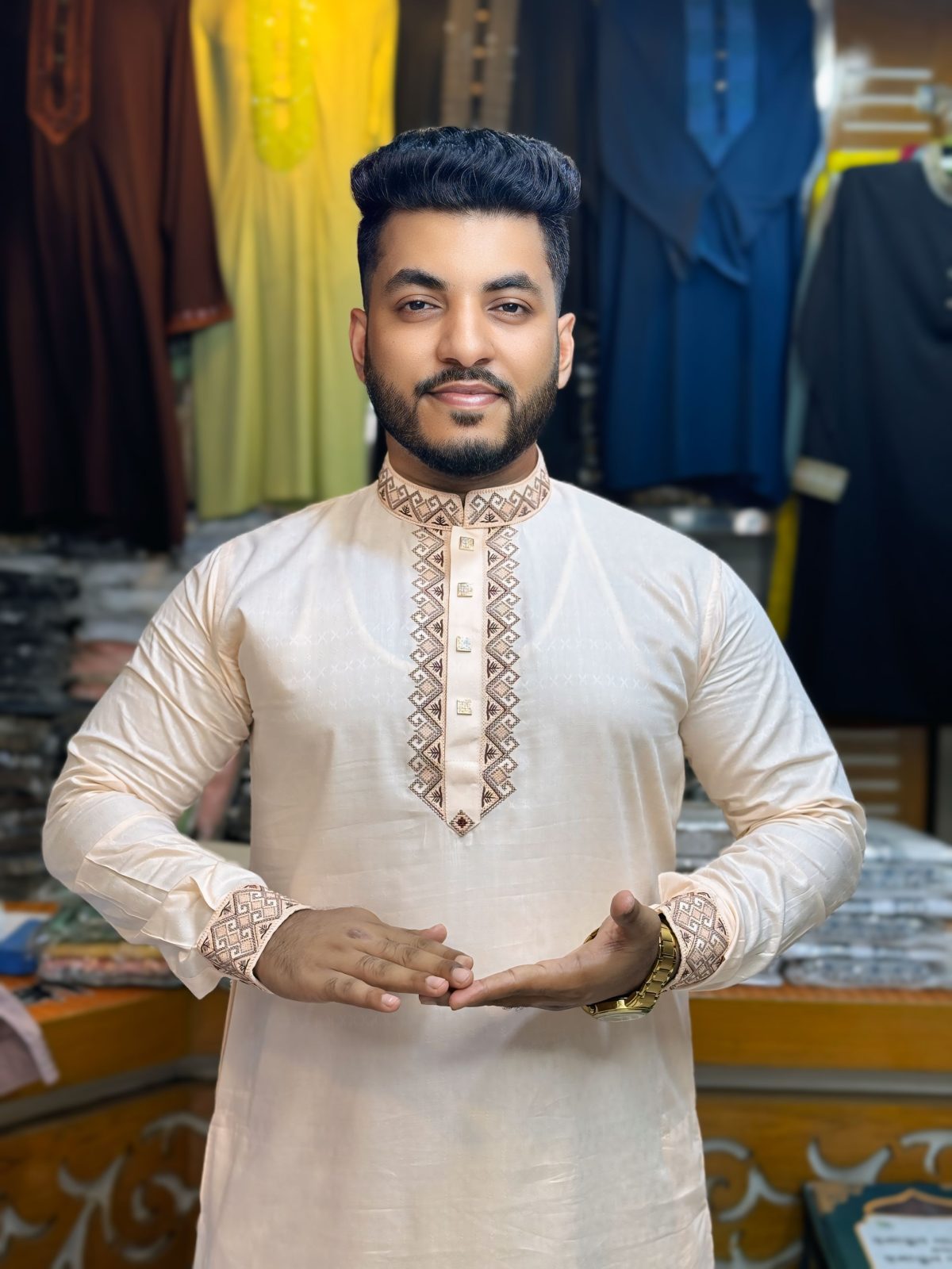 প্রিমিয়াম ট্রায়াঙ্গেল এমব্রয়ডারি ও ট্রেন্ডি কাফ হাতা পাঞ্জাবি [ Code: 321 ] - Image 1