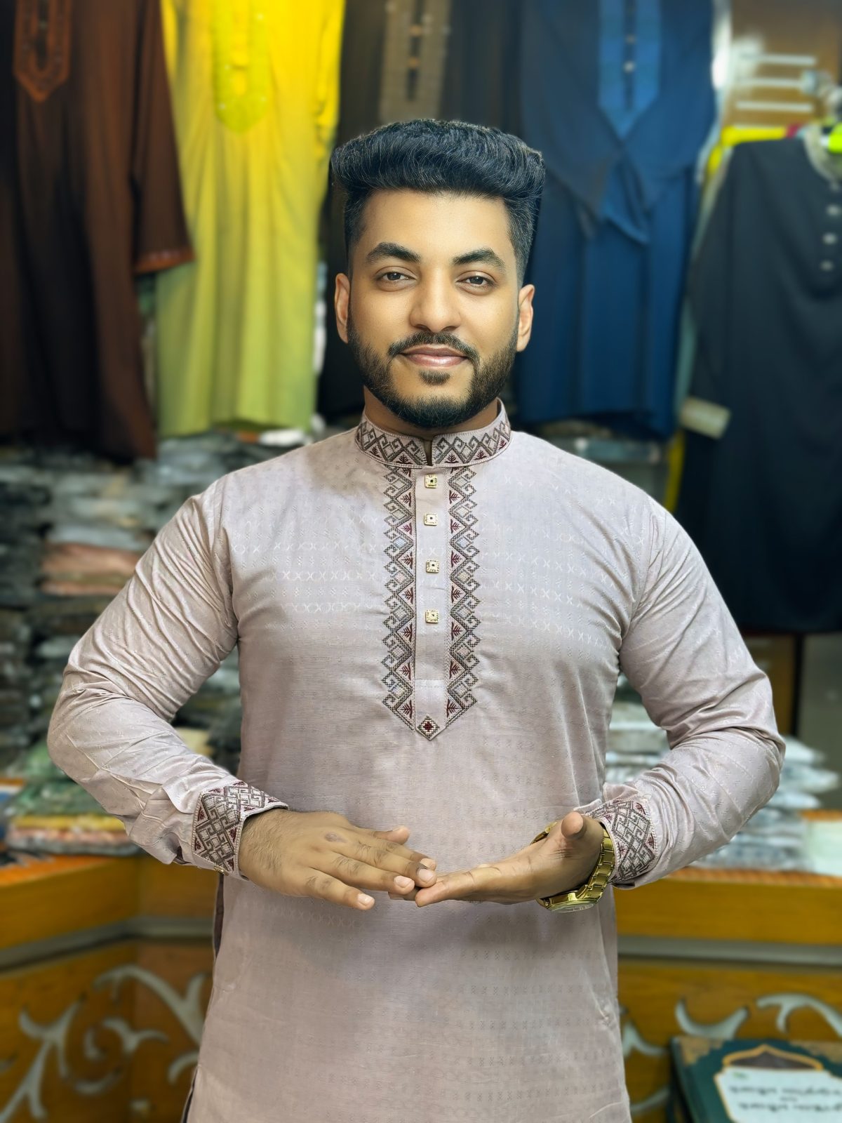 প্রিমিয়াম ট্রায়াঙ্গেল এমব্রয়ডারি ও ট্রেন্ডি কাফ হাতা পাঞ্জাবি [ Code: 322 ] - Image 1