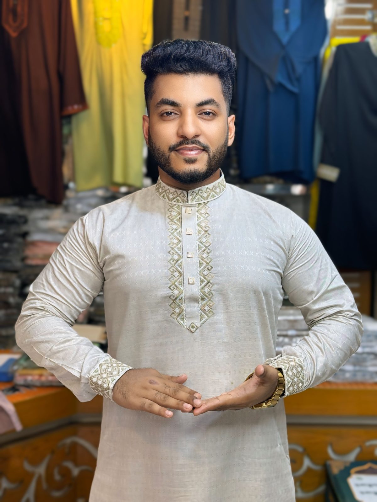 প্রিমিয়াম ট্রায়াঙ্গেল এমব্রয়ডারি ও ট্রেন্ডি কাফ হাতা পাঞ্জাবি [ Code: 323 ] - Image 1