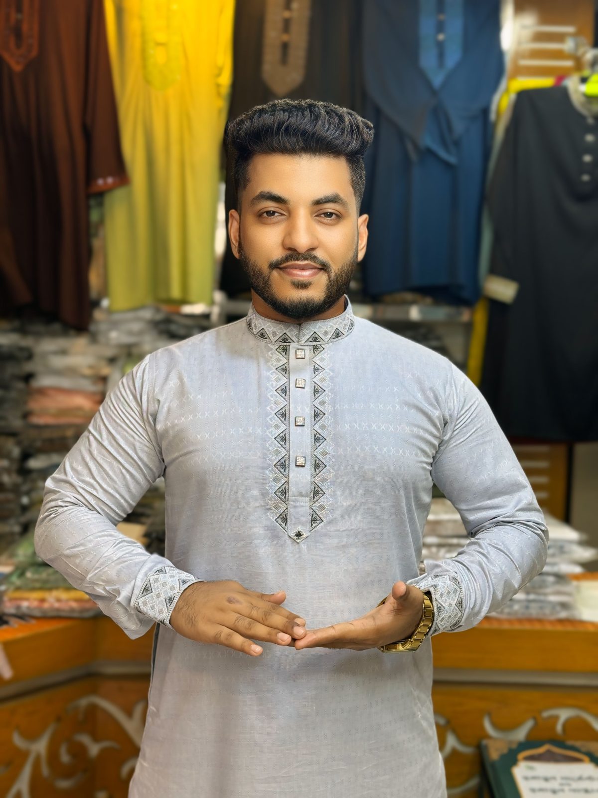 প্রিমিয়াম ট্রায়াঙ্গেল এমব্রয়ডারি ও ট্রেন্ডি কাফ হাতা পাঞ্জাবি [ Code: 324 ] - Image 1