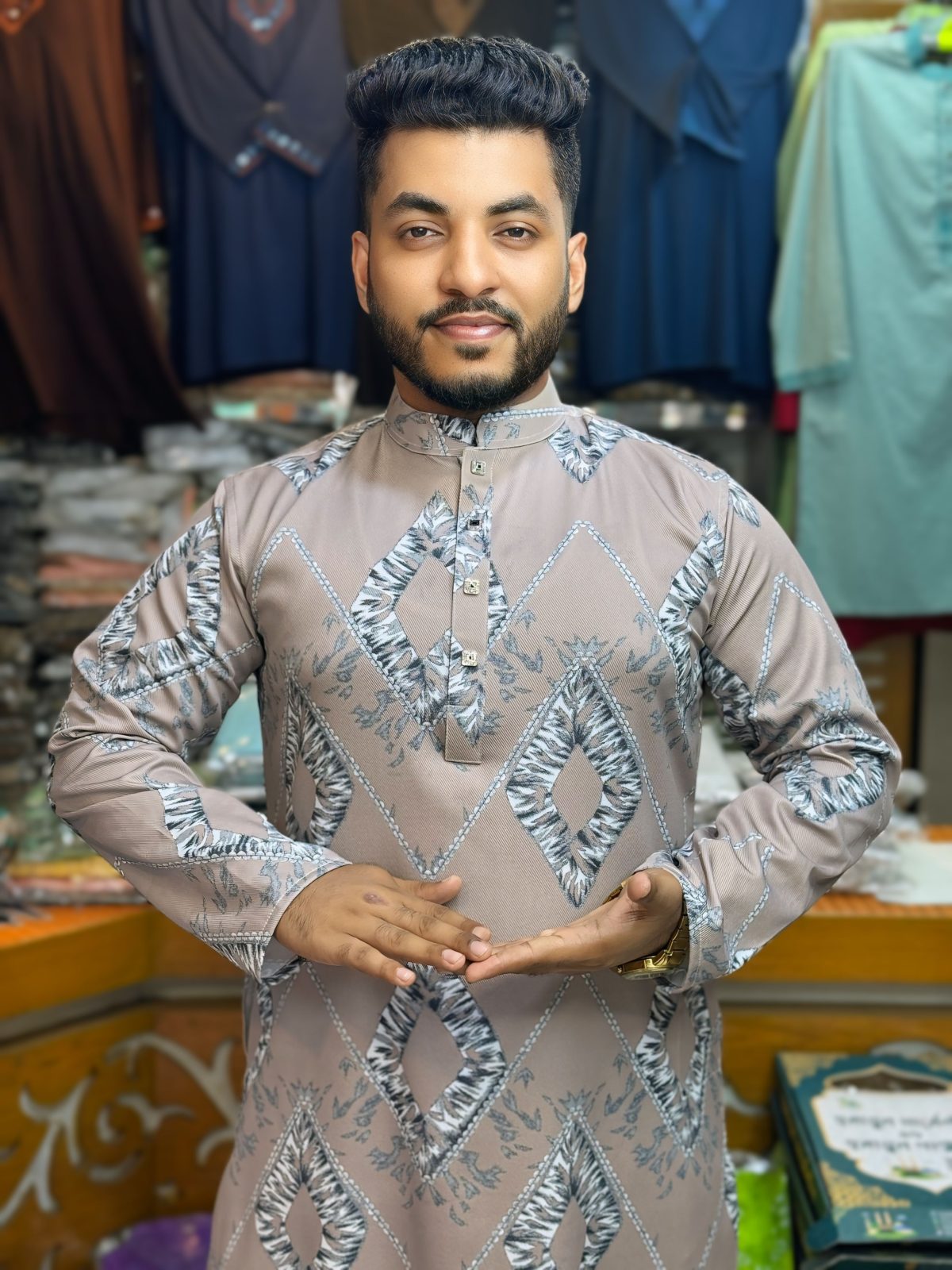 প্রিমিয়াম চায়না চেলি কটন থ্রিডি প্রিন্ট পাঞ্জাবি [ Code: 332 ] - Image 1