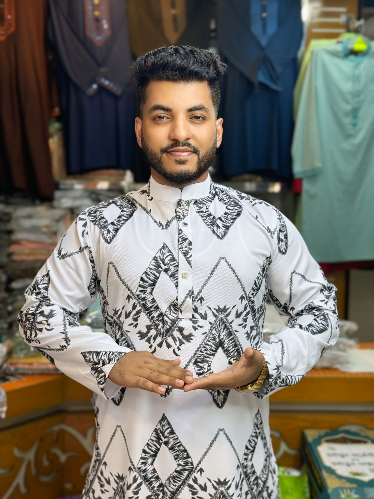 প্রিমিয়াম চায়না চেলি কটন থ্রিডি প্রিন্ট পাঞ্জাবি [ Code: 333 ] - Image 1