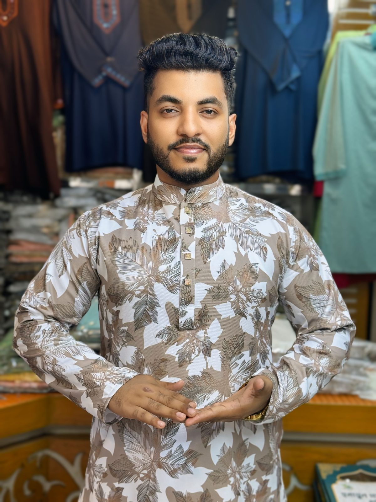 প্রিমিয়াম চায়না চেলি কটন থ্রিডি প্রিন্ট পাঞ্জাবি [ Code: 335 ] - Image 1