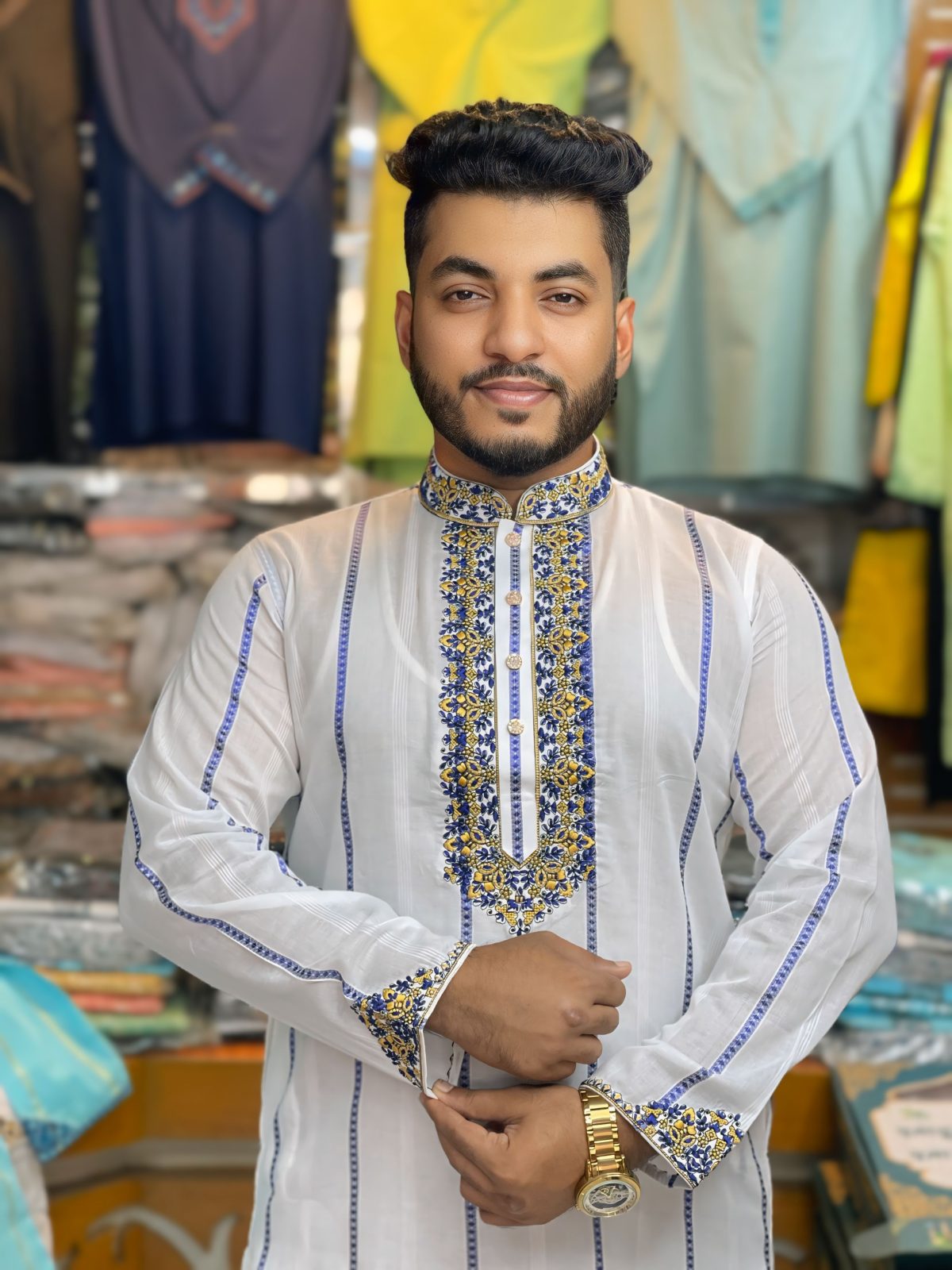প্রিমিয়াম গোল্ডেন স্টেপ এমব্রয়ডারি পাঞ্জাবি [ Code: 327 ] - Image 1