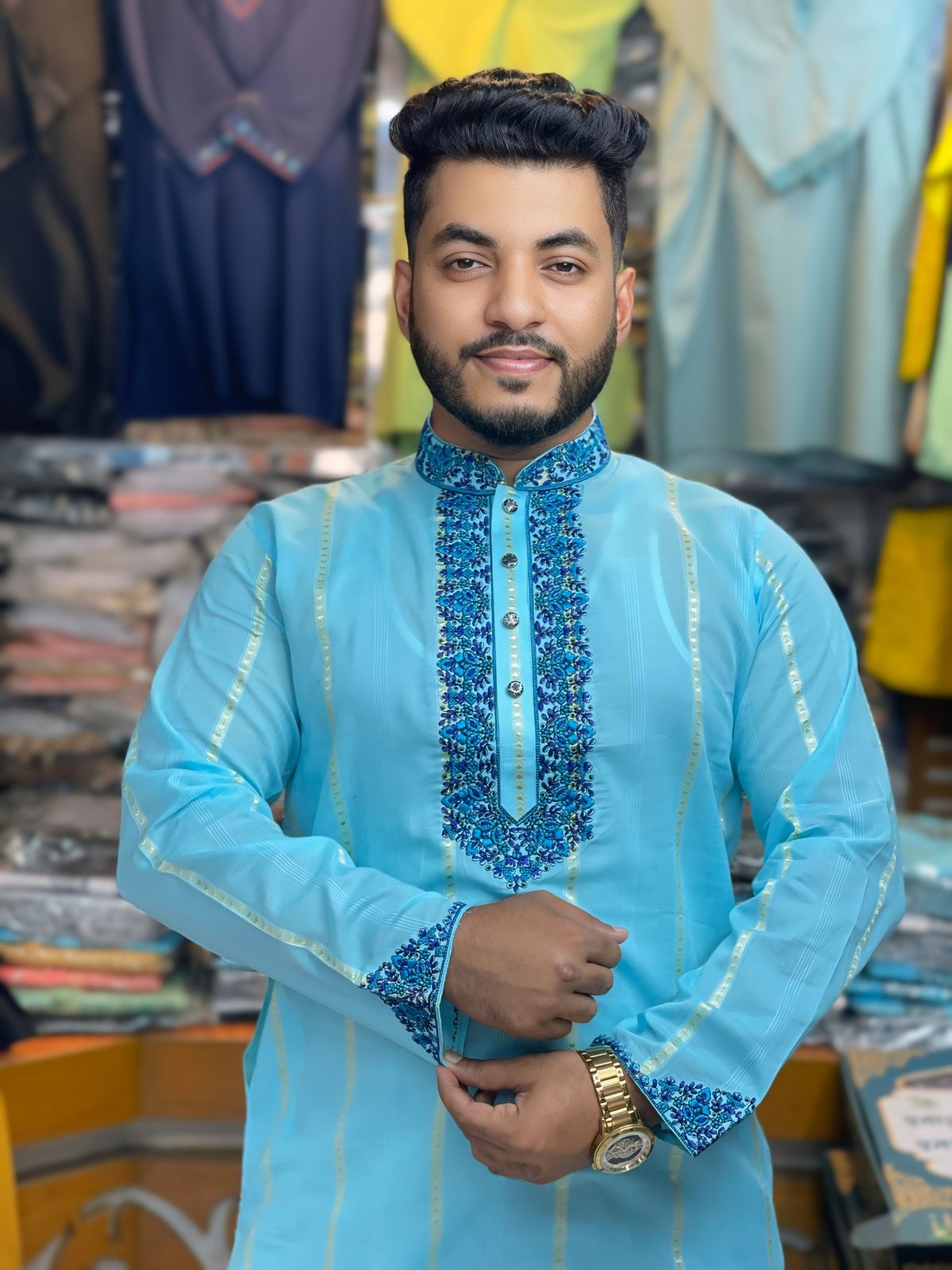 প্রিমিয়াম গোল্ডেন স্টেপ এমব্রয়ডারি পাঞ্জাবি [ Code: 328 ] - Image 1