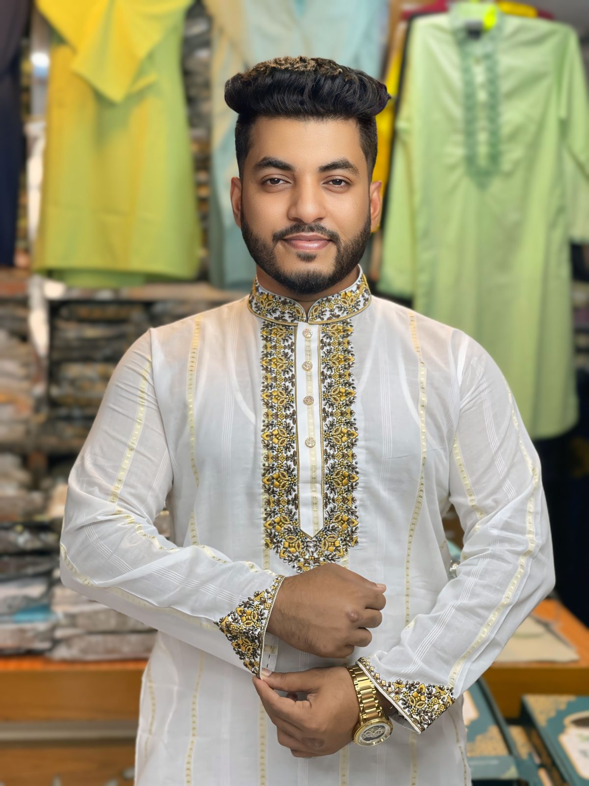 প্রিমিয়াম গোল্ডেন স্টেপ এমব্রয়ডারি পাঞ্জাবি [ Code: 329 ] - Image 1