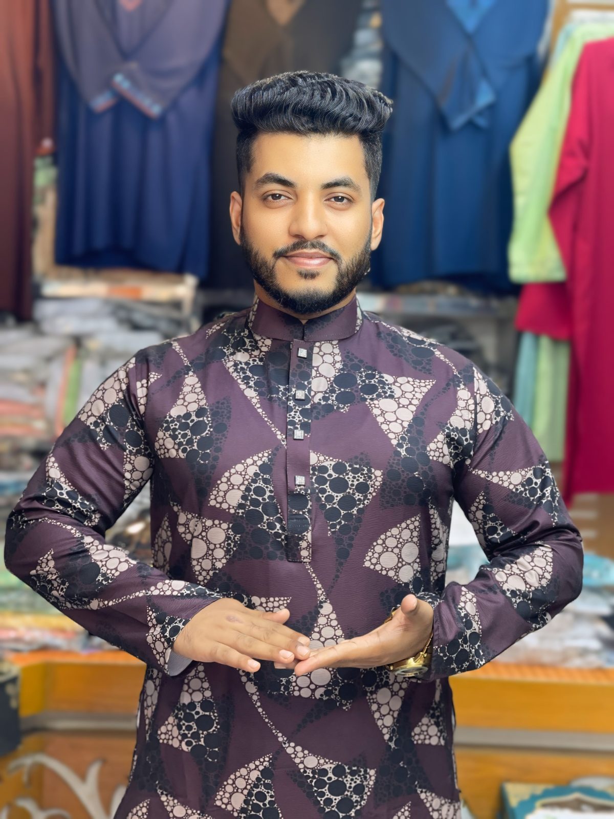 প্রিমিয়াম চায়না জাফরান স্টিচ কটন থ্রিডি প্রিন্ট পাঞ্জাবি [ Code: 338 ] - Image 1