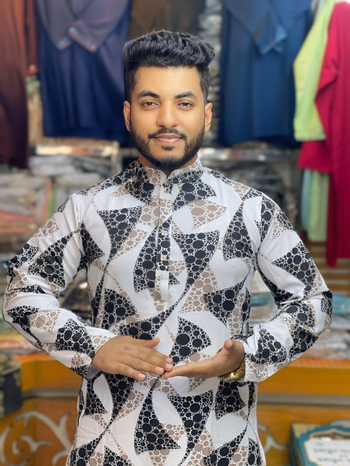 প্রিমিয়াম চায়না জাফরান স্টিচ কটন থ্রিডি প্রিন্ট পাঞ্জাবি [ Code: 340 ] - Image 1