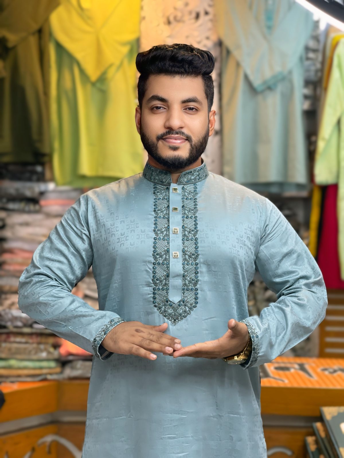 প্রিমিয়াম ডাবল ডিভাইস এমব্রয়ডারি পাঞ্জাবি [ Code: 76 ] - Image 1